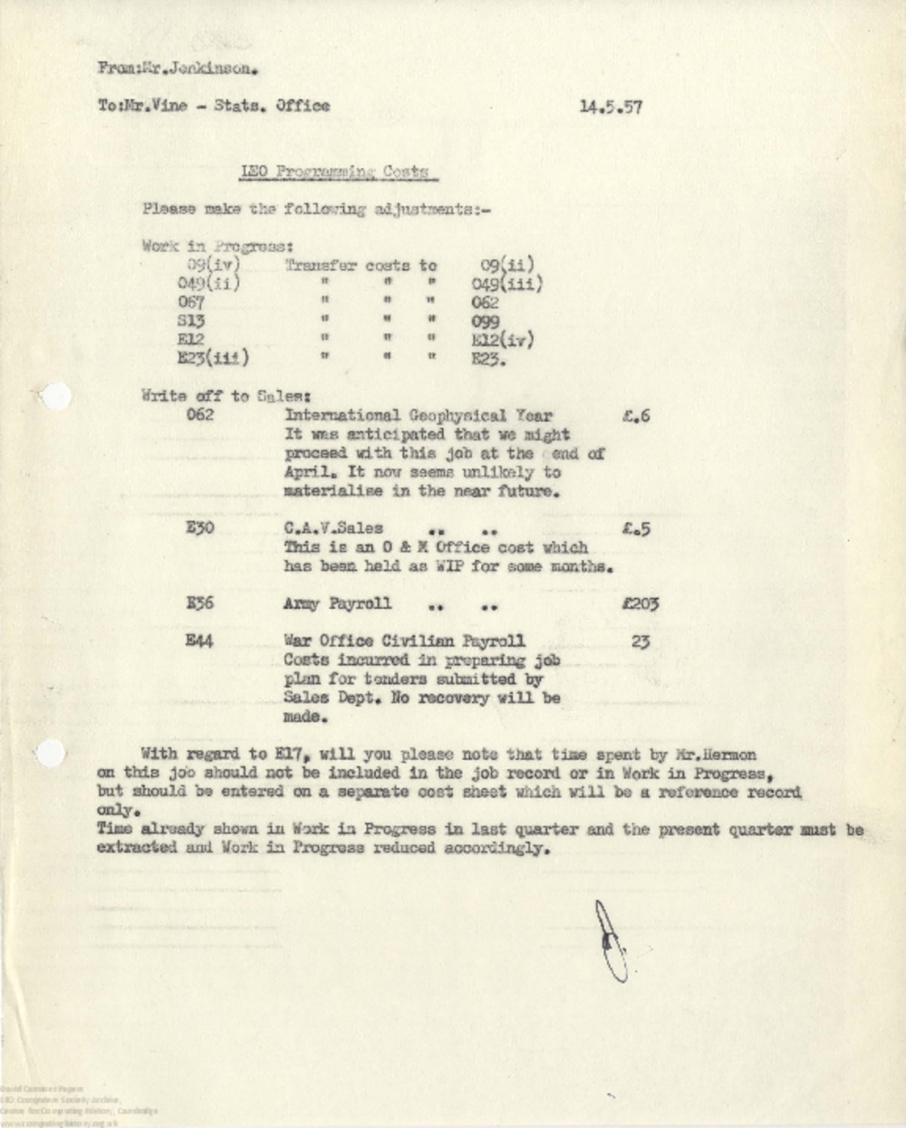 Article: 63039 Interim Trading Analysis and correspondence, p/e 17th May 1957