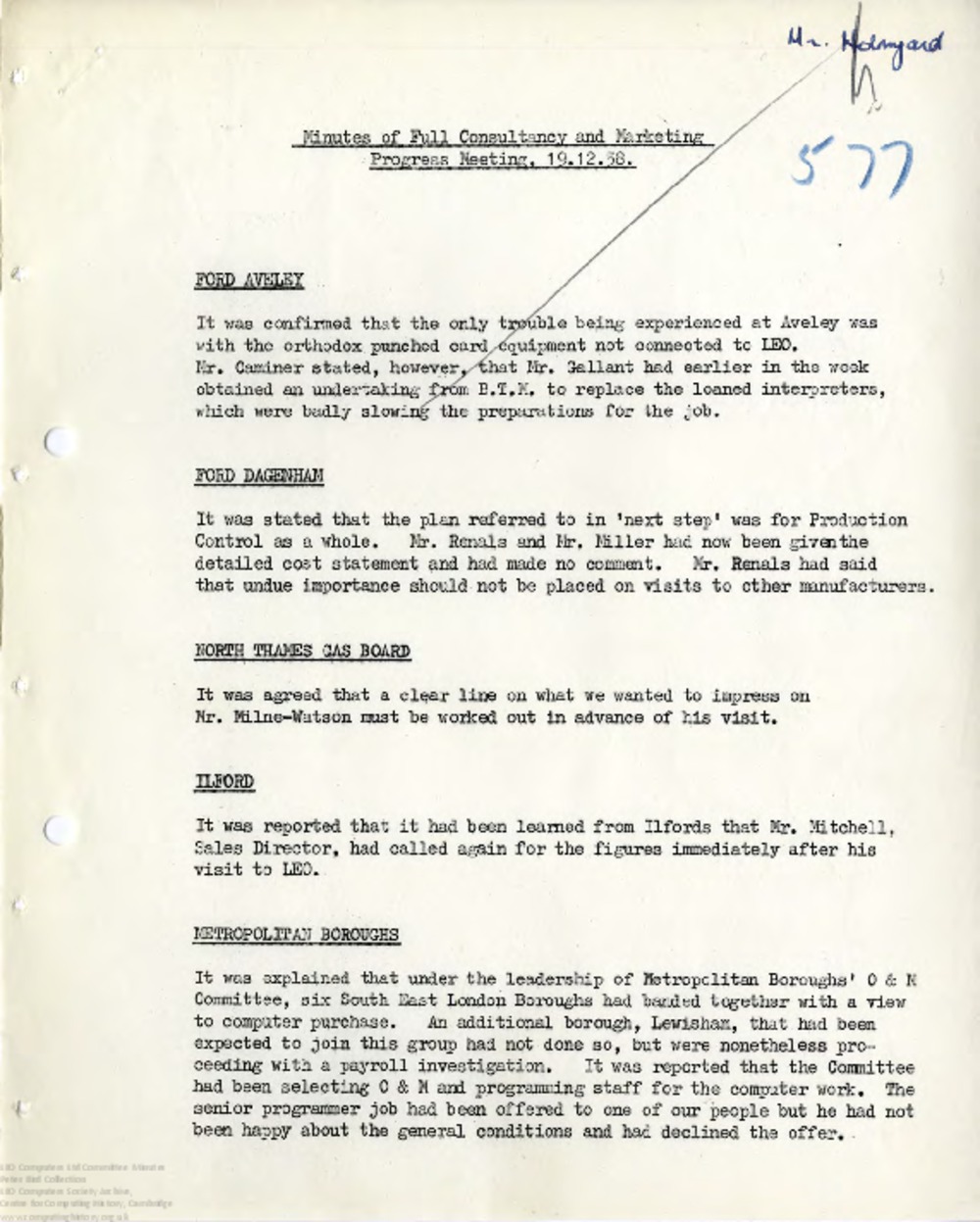 Article: 64467 Consultancy and Marketing Progress Minutes and Full Report, 19th Dec 1958