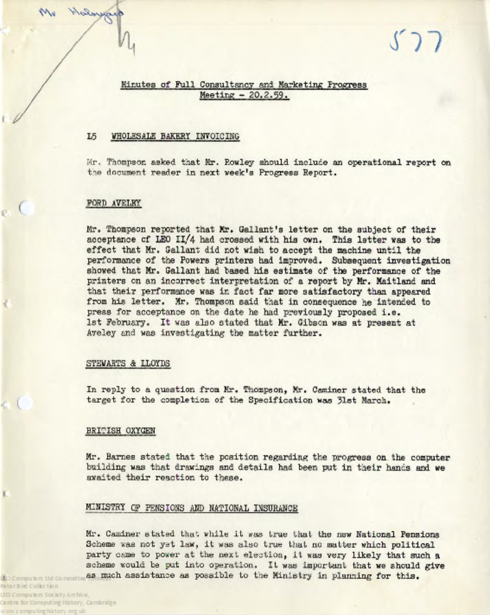 Article: 64471 Consultancy and Marketing Progress Minutes and Full Report, 20th Feb 1959