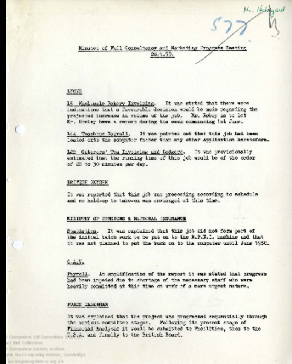 Article: 64477 Consultancy and Marketing Progress Minutes and Full Report, 28th May 1959