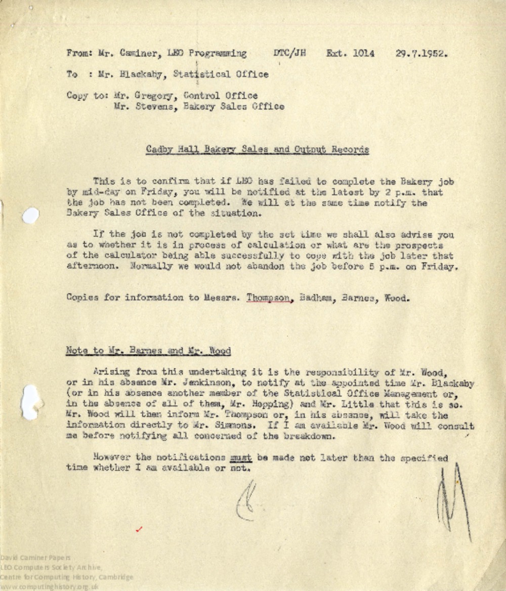 Article: Memo regarding Bakery Job notification request, 29th July 1952