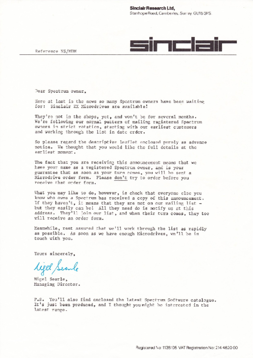 Article: Sinclair ZX Microdrive Pre-Launch Letter